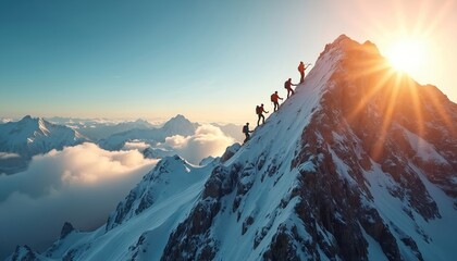 Group of seven hikers ascend snow-covered mountain. Wearing backpacks, move towards right side. Snow-covered mountain green vegetation patches on slopes. Clear blue sky with sunny weather, warm glow