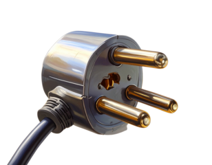 Close up of a three pronged electrical plug with gold colored pins against a black background