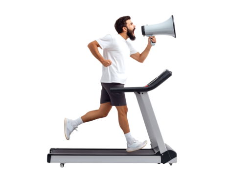 Running and Shouting: Man on Treadmill with Megaphone Making an Urgent Announcement isolated on a transparent background