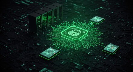 Secured online data with a digital lock system featuring servers and abstract glowing network connections for cybersecurity