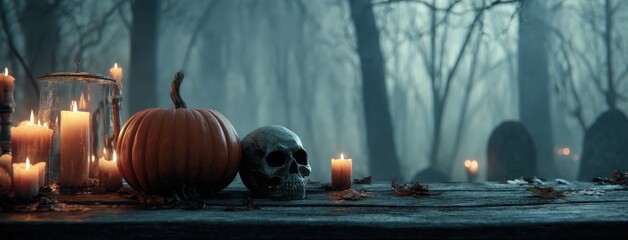 A spooky Halloween scene featuring a pumpkin and skull on an aged wooden table amidst burning candles, foggy graveyard, and dark forest background, creating a haunting atmosphere.