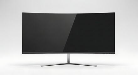 A curved computer monitor with a sleek design, showcasing a blank, dark screen.