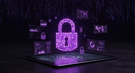 Digital security padlock technology data encryption and network protection on tablet purple modern theme