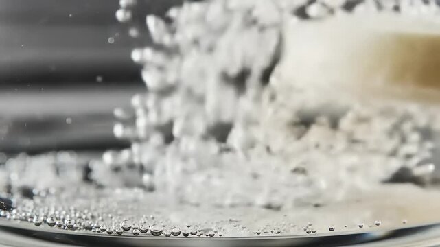 Close-up of a fizzy tablet dissolving in water, creating bubbles in a clear glass container