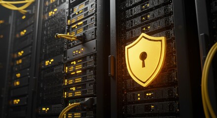 Secure golden shield on data servers ensuring network cybersecurity and protection for sensitive information and computing technology