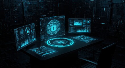 Cyber security technology concept digital interface shows brain protection modern display lock illustration network data