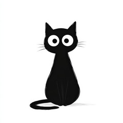 Obraz premium A adorable cartoon black cat sitting with a cute expression, big eyes, minimalistic design, clean lines, and a simple silhouette on a white background.