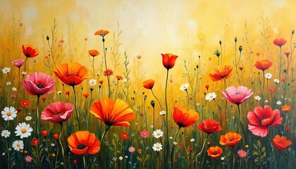 Fototapeta premium Vibrant wildflower meadow abstract art with vivid colors. Blooming floral landscape, orange red pink flowers on yellow sunny background. Fresh spring summer season bright sunny garden scene.