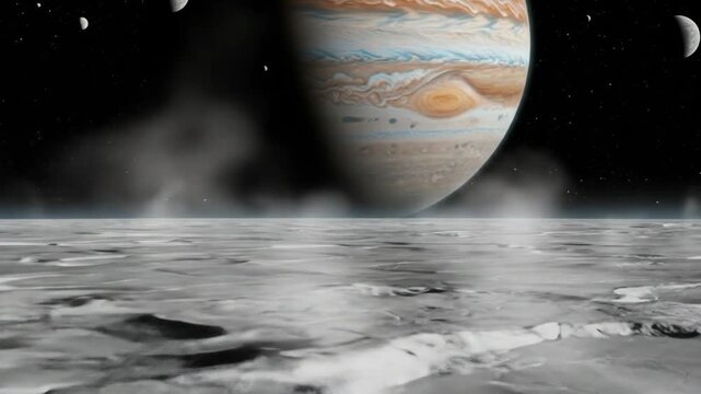 Jupiter massive gas giant planet and its icy satellite Europa.