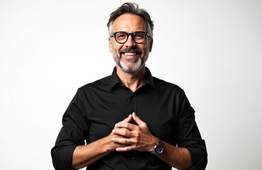Man in black shirt stands confidently with clasped hands. Smile on his face adds warmth and friendliness. Plain white background focuses attention on him.