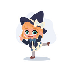 kawaii halloween cartoon witch girl smiling in costume with bow trick or treat