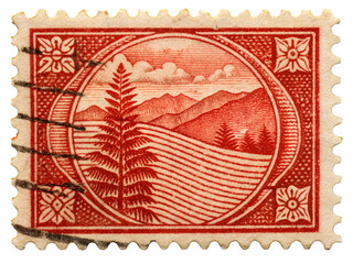 Obraz premium Vintage Red Postage Stamp Depicting Mountains Fields and a Pine Tree