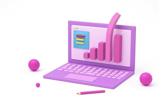 3d isometric laptop displaying pink bar graph with sticky notes and office supplies