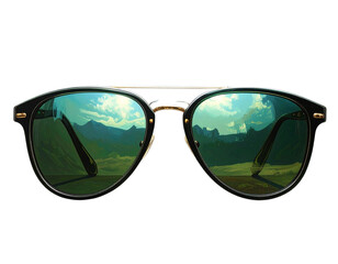 Aviator sunglasses reflecting a scenic landscape on a dark background
