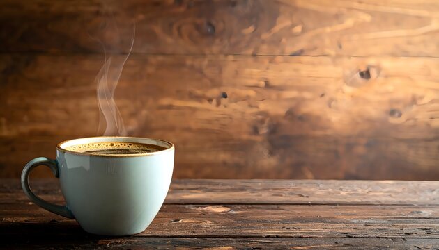 A simple cup of hot, steaming coffee or tea on a rustic wooden background. This cozy, warm, and minimalist scene offers plenty of copy space for a comforting message.
