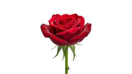 Naklejka premium Single fresh red rose with velvety petals and green stem in photorealistic white background view