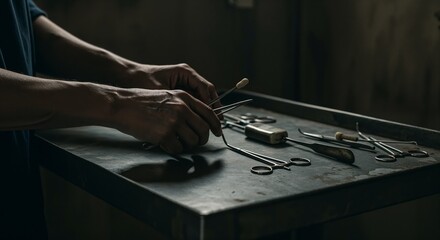 Hands arranging medical instruments on worn table in dim rural clinic with emotional texture