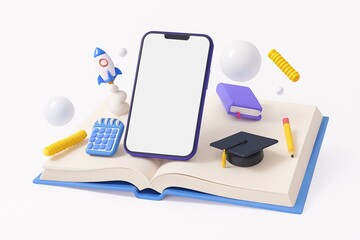 Smartphone and school supplies floating above an open book symbolizing online education and learning