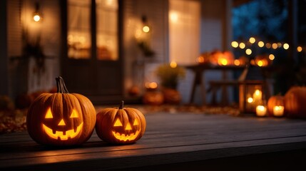 A close-up of a glowing orange pumpkin on a front porch decorated for Halloween, featuring pumpkins, candles, and festive spooky atmosphere at night.