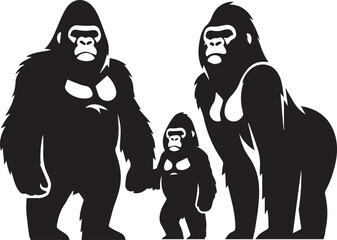 Gorilla Family Silhouette Vector – Black and White Wildlife Illustration of Parent and Baby Apes