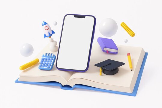 Smartphone and school supplies floating above an open book symbolizing online education and learning