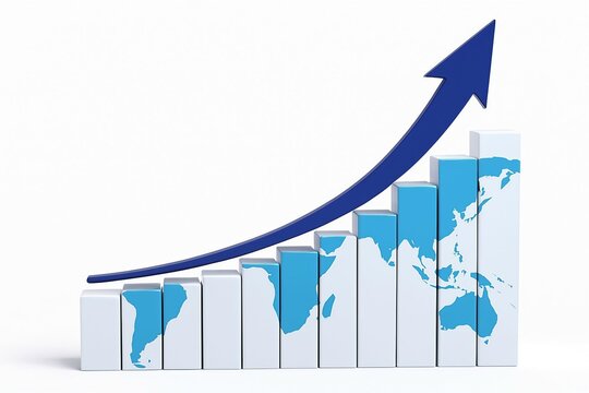 Global business growth and success illustrated by upward trend arrow over world map bar chart