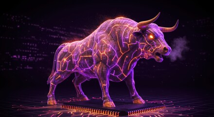 Futuristic cyber bull powers technology finance market trends with glowing digital circuits against a dark abstract background