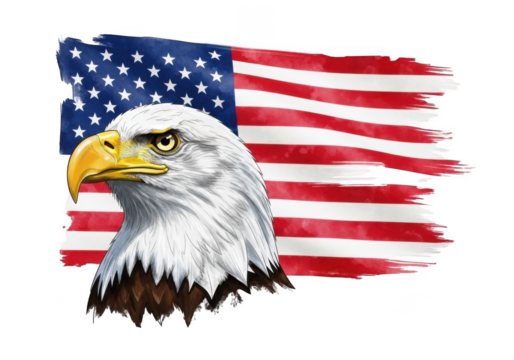 Majestic bald eagle and distressed american flag isolated on transparent background
