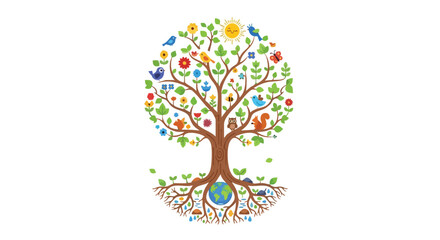 illustrated vibrant tree of life showcasing interconnected wildlife flora and natural elements symbolizing biodiversity harmony and ecological
