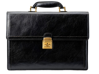 Elegant black leather briefcase with gold clasp, isolated on white background, ideal for business use