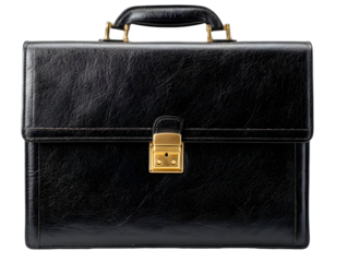 Elegant black leather briefcase with gold clasp, isolated on white background, ideal for business use