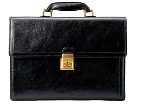 Elegant black leather briefcase with gold clasp, isolated on white background, ideal for business use