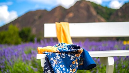 A patterned blouse and scarf rest on a white park bench amidst a vibrant lavender field, bathed in natural light, with a backdrop of rolling hills.