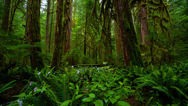 A lush and verdant temperate rainforest floor, teeming with ferns and mosscovered trees, creates a magical and ancient woodland scene
