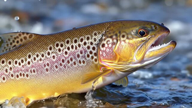 Close Up Brown Trout Splashing In Clear River Water Open Mouth Detailed Wildlife Scene