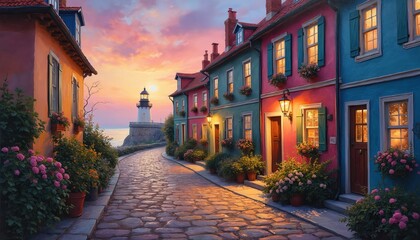 Fototapeta premium Serene street scene at sunset with houses adorned with colorful flowers, plants. Sky is painted in hues of orange, pink, casting warm glow over scene. Urban setting with vibrant, lively atmosphere.