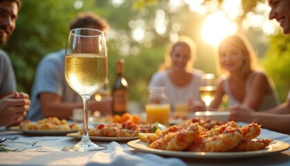 Obraz premium Outdoor gathering of friends and family in a backyard setting. Group seated around table enjoying meal and wine. Lush greenery and warm sunlight create inviting ambience for casual dinner party.