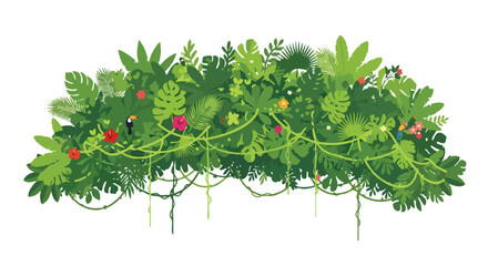 Vibrant lush tropical foliage canopy with diverse greenery and vivid flower accents illustrating a dense botanical paradise