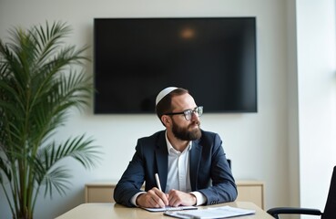 Man in office, business suit, Kippah hat writing notes in clipboard. Caucasian, Jewish man with glasses looks away, focused on work. Desk with clipboard, paper, pen, plant in background, window with