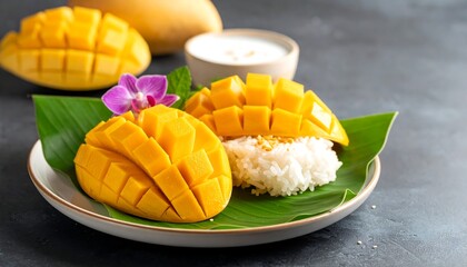 Mango sticky rice dish on banana leaf (1)