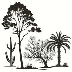 Diverse Trees and Cactus Silhouettes palm tree desert