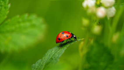 A vibrant red ladybug with black spots crawls delicately on a green leaf, its tiny legs gripping the surface as it explores its natural habitat