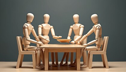 Wooden figures at business meeting. Team sharing ideas around table. Neutral background. Concept of teamwork, collaboration, strategy, planning, brainstorming, communication, and cooperation.