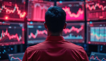 Person sits at desk, engrossed in computer screen with vibrant display of data points. Red shirt stands out against monochrome backdrop. Computer screen displays colorful shapes, colors, creating