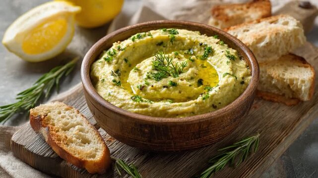 Hummus Delight: This appetizing composition showcases a creamy hummus, encircled by fresh bread and zestful lemon on a rustic board. A vibrant and delightful scene.