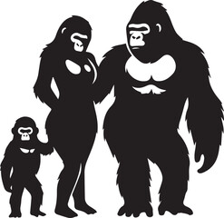 Gorilla Family Silhouette Vector – Black and White Wildlife Illustration of Parent and Baby Apes