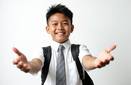 Young Indonesian boy smiles, invitingly extending arms in a friendly gesture. Wearing a white shirt, gray tie, and black backpack. Background is a plain white wall. - Powered by Adobe