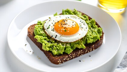 Whole grain bread topped with creamy avocado, fried egg, and sesame seeds, served on a clean plate with natural light. Perfect healthy breakfast or brunch option with minimal style.