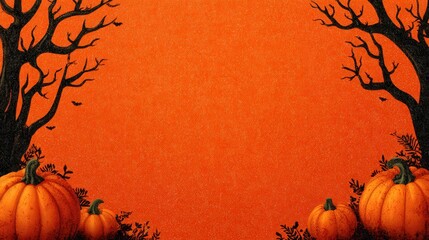 Festive Halloween scene featuring pumpkins, spooky trees, and a decorative frame on an orange background, creating a cheerful and spooky seasonal atmosphere.