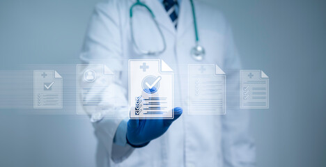 Fototapeta premium Doctor with gloves selecting digital medical record document icon, representing electronic health records, hospital data management, patient information system and healthcare technology innovation